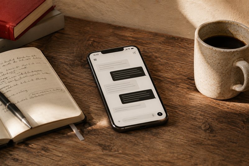 A phone resting on a wooden desk displaying a chat conversation interface, beside an open notebook, books, and a ceramic coffee mug.