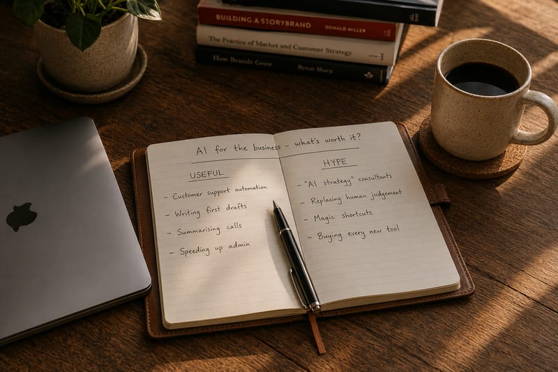 An open leather notebook on a wooden desk with handwritten two-column notes headed 'AI for the business — what's worth it?'. The left column is titled 'USEFUL' and lists customer support automation, writing first drafts, summarising calls, and speeding up admin. The right column is titled 'HYPE' and lists AI strategy consultants, replacing human judgement, magic shortcuts, and buying every new tool. A closed laptop is visible to the left.