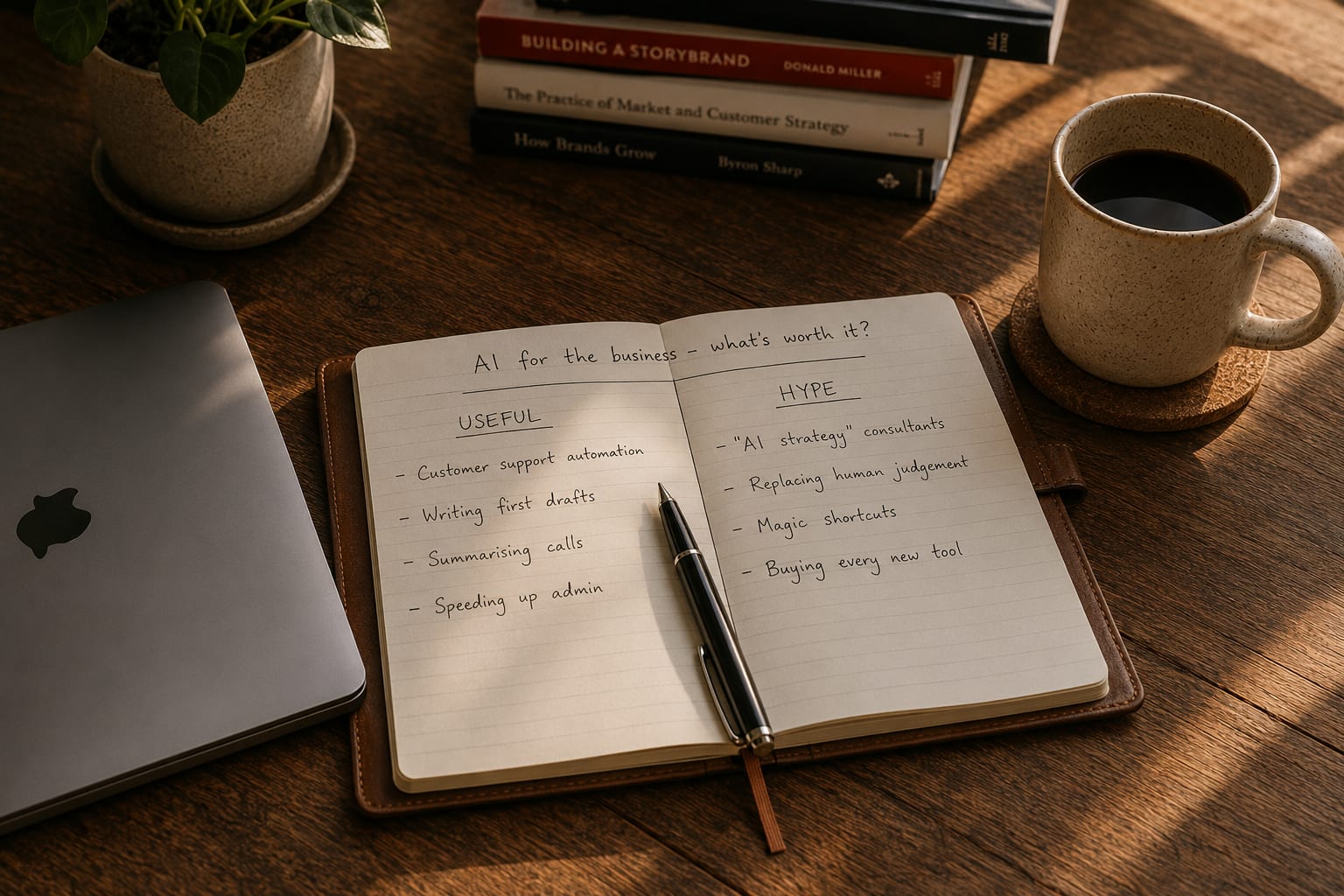 An open leather notebook on a wooden desk with handwritten two-column notes headed 'AI for the business — what's worth it?'. The left column is titled 'USEFUL' and lists customer support automation, writing first drafts, summarising calls, and speeding up admin. The right column is titled 'HYPE' and lists AI strategy consultants, replacing human judgement, magic shortcuts, and buying every new tool. A closed laptop is visible to the left.