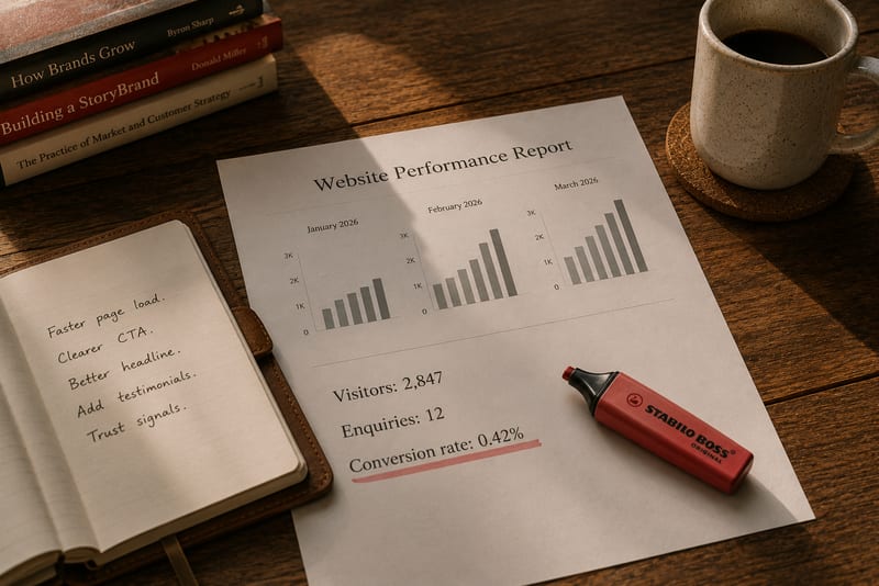 A printed Website Performance Report on a wooden desk showing three months of rising bar charts and key metrics, with the conversion rate underlined in red highlighter, beside a handwritten notebook listing optimisation actions including faster page load, clearer CTA, better headline, testimonials, and trust signals.