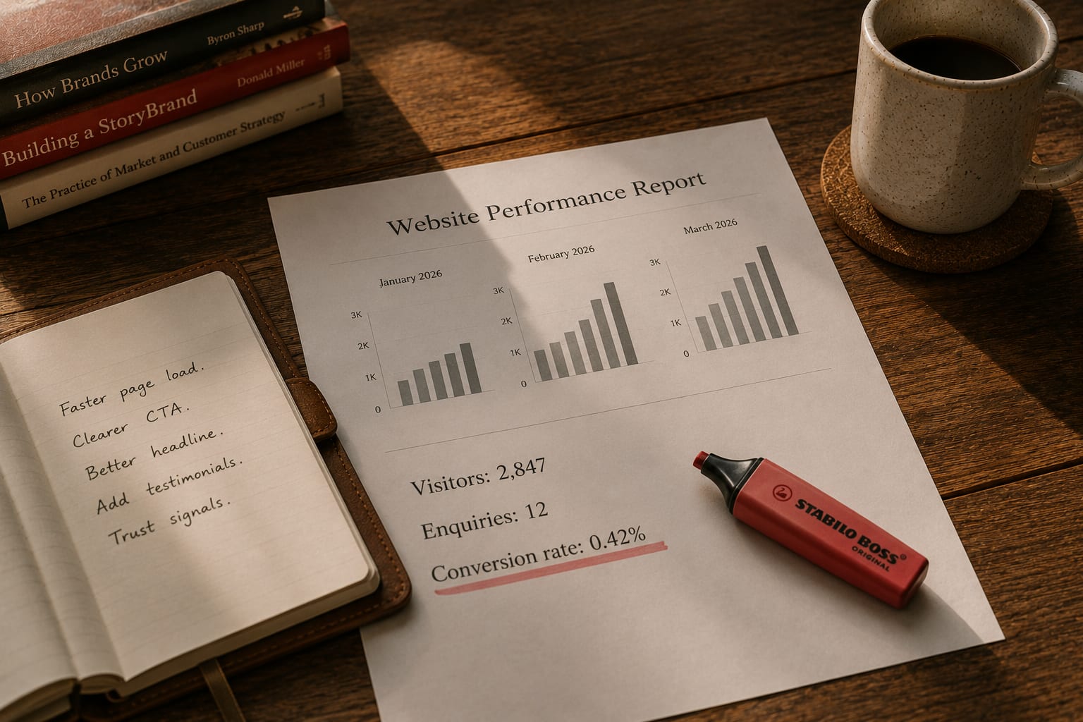 A printed Website Performance Report on a wooden desk showing three months of rising bar charts and key metrics, with the conversion rate underlined in red highlighter, beside a handwritten notebook listing optimisation actions including faster page load, clearer CTA, better headline, testimonials, and trust signals.