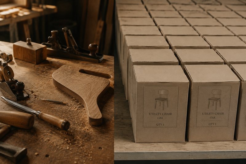 A split image comparing a craftsman's workshop with handcrafted wooden tools and an unfinished piece on the left, against rows of identical packaged chairs on the right.