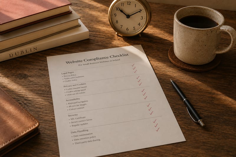A printed GDPR compliance checklist for Irish small business websites on a wooden desk, with red checkmarks beside each item, an alarm clock, coffee mug, and stack of books in the background.