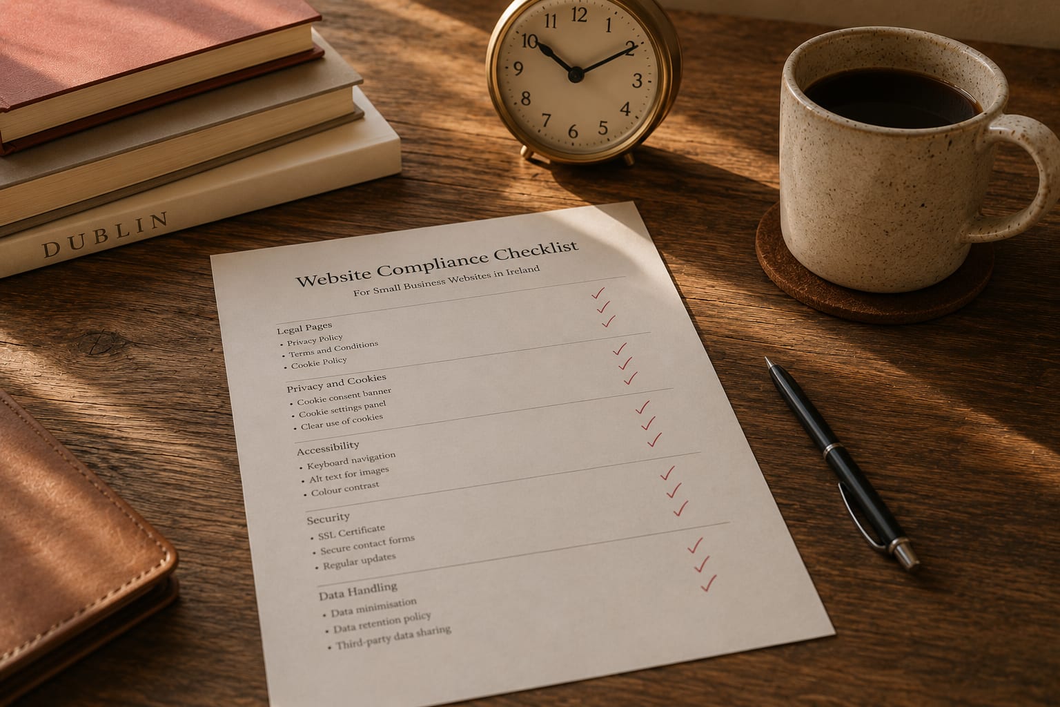 A printed GDPR compliance checklist for Irish small business websites on a wooden desk, with red checkmarks beside each item, an alarm clock, coffee mug, and stack of books in the background.