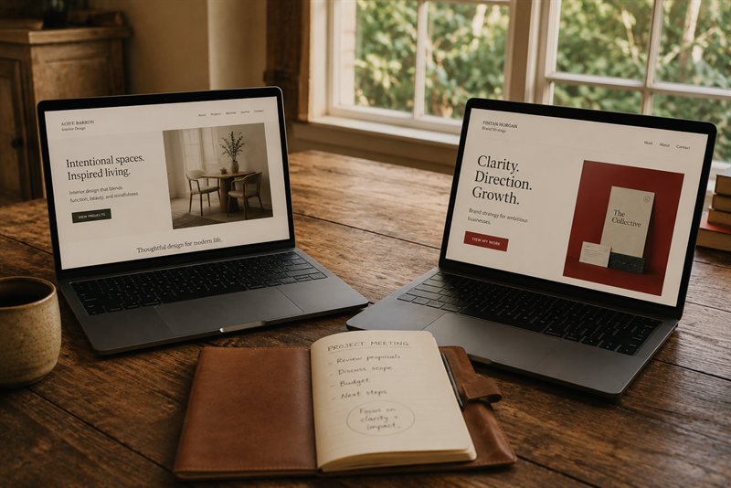 Two laptops side by side on a wooden desk, each showing a different freelance designer's website, with a leather notebook open between them listing project meeting steps.