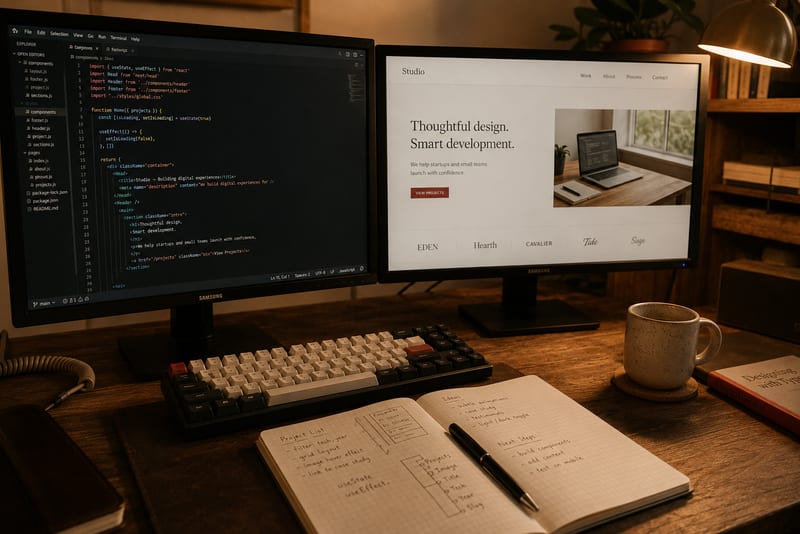 A developer's desk with dual monitors — the left showing React code in a code editor, the right showing the rendered website it produces — beside a mechanical keyboard, an open notebook with handwritten project plans, and a ceramic coffee mug.