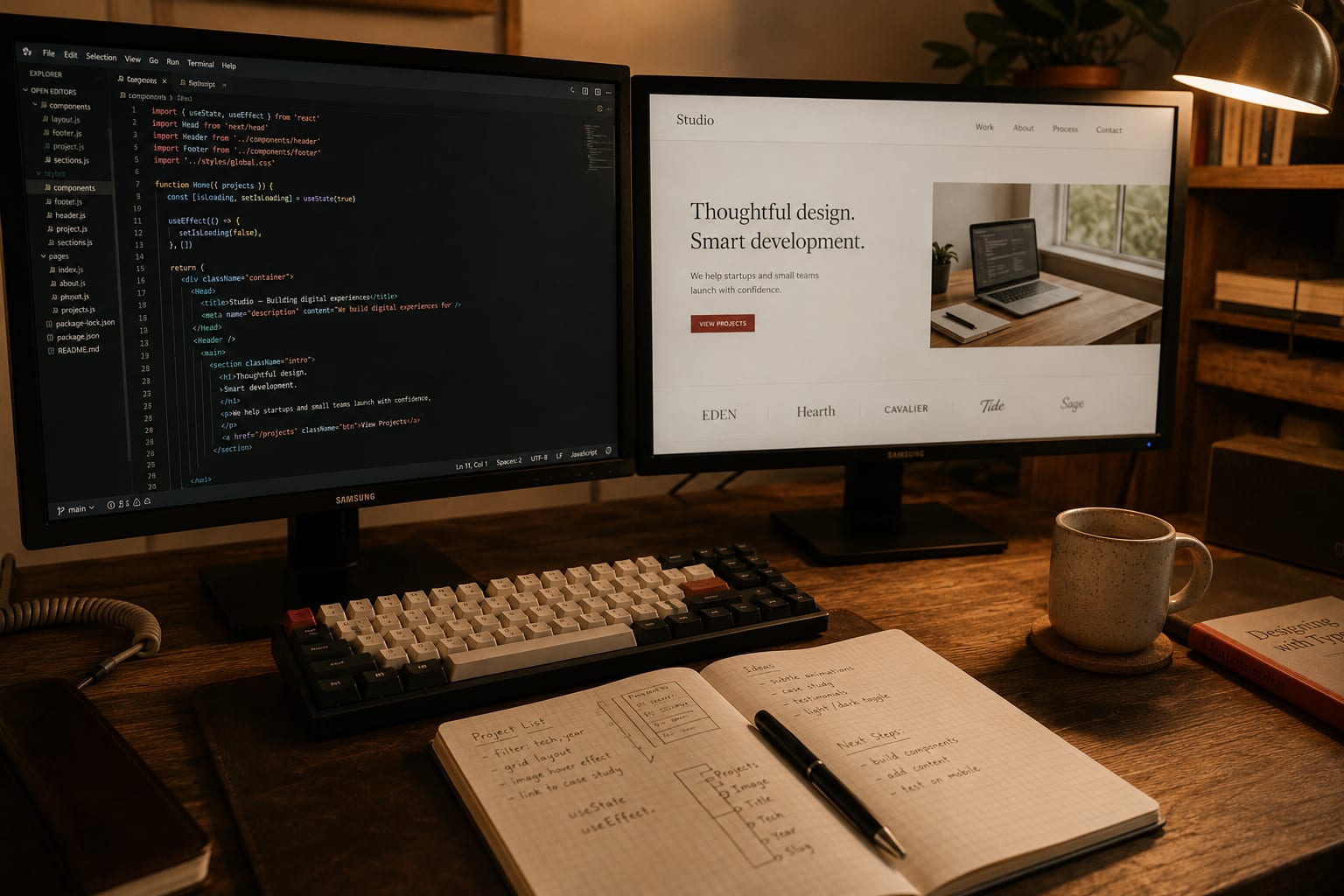 A developer's desk with dual monitors — the left showing React code in a code editor, the right showing the rendered website it produces — beside a mechanical keyboard, an open notebook with handwritten project plans, and a ceramic coffee mug.