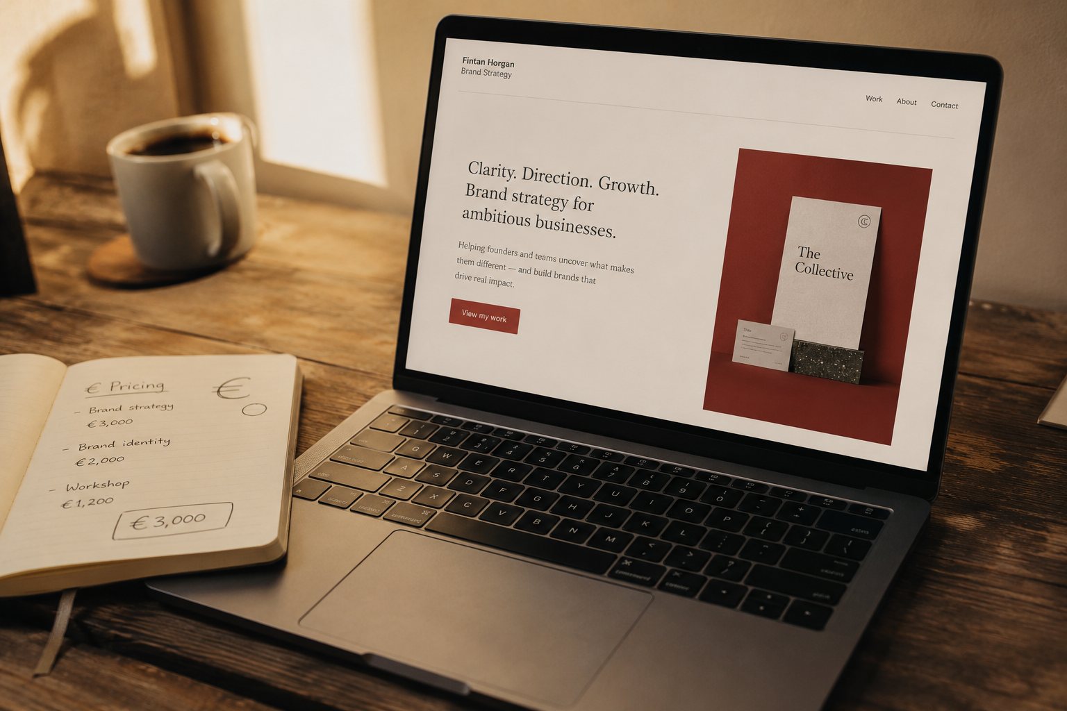 A laptop on a wooden desk showing a brand strategy website, beside a handwritten notebook listing pricing for brand services in euro.