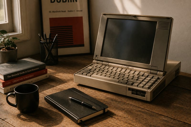 A vintage early-1990s beige laptop with a dark, switched-off screen sitting on a wooden desk, next to a modern black notebook and pen, suggesting an outdated piece of technology no longer doing its job.